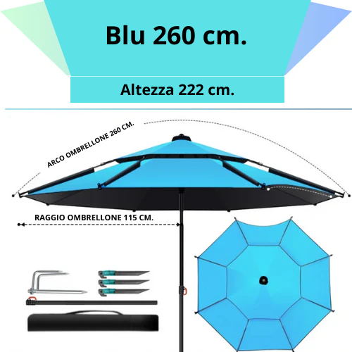 Ombrellone rotondo da 180 a 260 cm. con snodo a molla. Resistente ai raggi UV, impermeabile, regolabile a 360°.