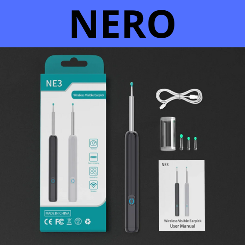 Strumento per la pulizia delle orecchie con telecamera e luce LED ad alta precisione. Wireless, con kit accessori.