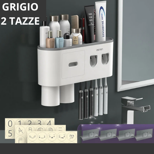 Portaspazzolino Multifunzione da Parete. Dispenser Automatico di Dentifricio – Kit Completo per Famiglia.