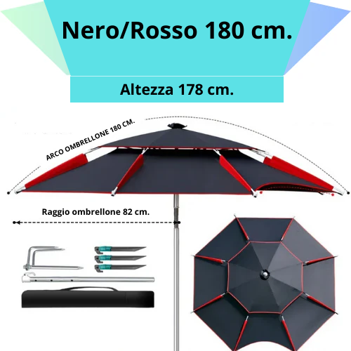 Ombrellone rotondo da 180 a 260 cm. con snodo a molla. Resistente ai raggi UV, impermeabile, regolabile a 360°.