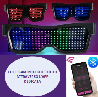 Occhiali a LED colorati Bluetooth con App dedicata. Multilingue, per scrivere e disegnare. I led cambiano col cambiare del ritmo musicale.