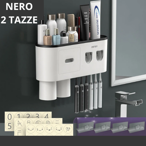 Portaspazzolino Multifunzione da Parete. Dispenser Automatico di Dentifricio – Kit Completo per Famiglia.