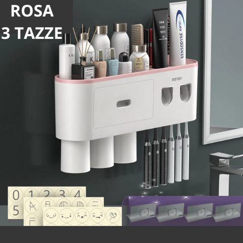 Portaspazzolino Multifunzione da Parete. Dispenser Automatico di Dentifricio – Kit Completo per Famiglia.