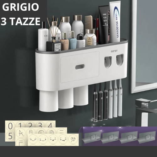 Portaspazzolino Multifunzione da Parete. Dispenser Automatico di Dentifricio – Kit Completo per Famiglia.
