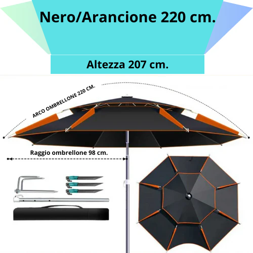 Ombrellone rotondo da 180 a 260 cm. con snodo a molla. Resistente ai raggi UV, impermeabile, regolabile a 360°.