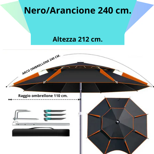 Ombrellone rotondo da 180 a 260 cm. con snodo a molla. Resistente ai raggi UV, impermeabile, regolabile a 360°.