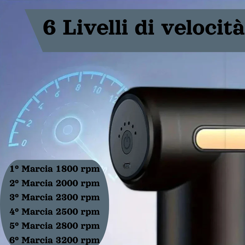 Massaggiatore a pistola con 4 testine cambiabili. Sollievo Muscolare Profondo, Sempre a Portata di Mano. Velocità regolabile a Sei Marce.