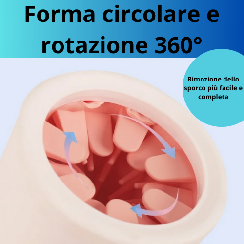 Tazza per la pulizia delle zampe dei cani. Pettini in silicone morbido, sistema a rotazione 360°, disponibile in 2 misure.