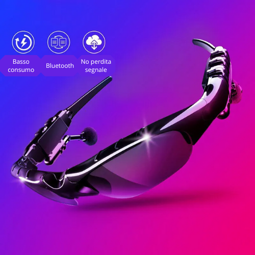 Occhiali con cuffie stereo antirumore, wireless con microfono. Da sole, per guida, ciclismo, sport.