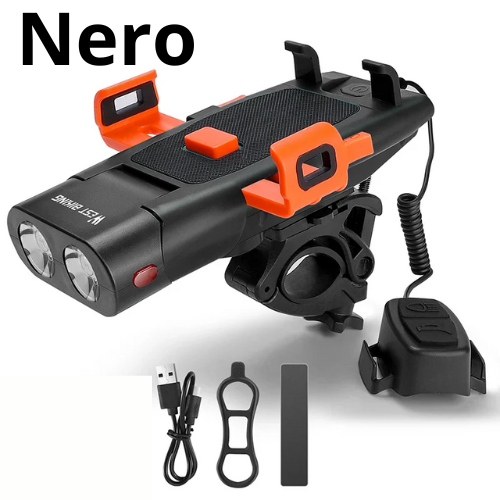 Luce anteriore per bicicletta a LED. 5 in 1, luce, clacson, supporto per telefono, power bank, ricaricabile tramite USB.