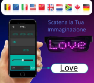 Occhiali a LED colorati Bluetooth con App dedicata. Multilingue, per scrivere e disegnare. I led cambiano col cambiare del ritmo musicale.