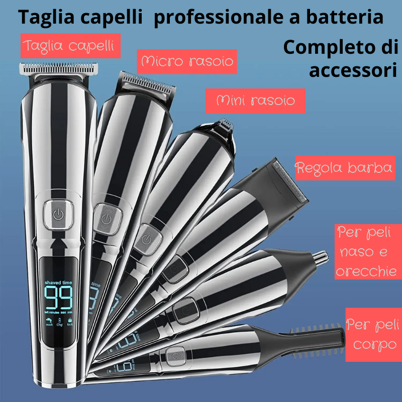 Tagliacapelli Multifunzione Ricaricabile. Kit Completo per Rasatura di Tutto il Corpo. Schermo LCD. Kit per la Cura dei Capelli, Barba e Peli.