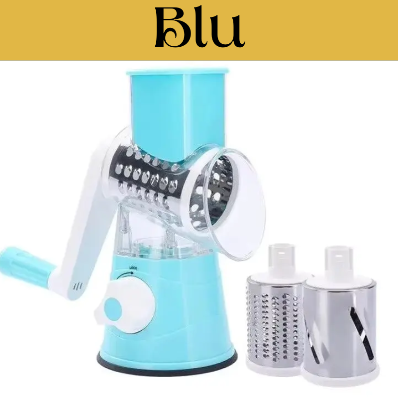 Affettaverdure Manuale Rotante in Acciaio Inox con 3 Lame Intercambiabili – Colori Blu o Rosso.