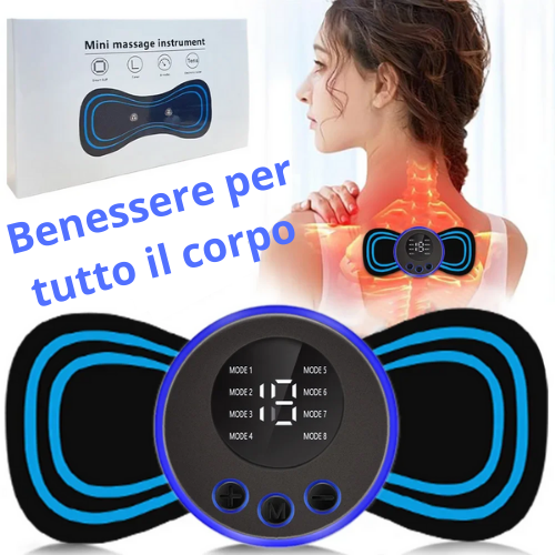 Massaggiatore portatile EMS con display LCD. Per collo, per spalle, vita e gambe. Kit con fascia, elettrodi e telecomando.