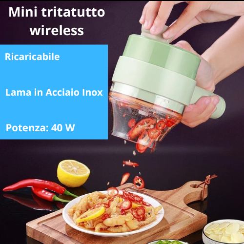 Mini Tritatutto 40W Portatile, Ricaricabile USB, Lama in Acciaio Inox, Foro Riempimento Veloce, Facile da Pulire – Per Aglio, Cipolla, Verdure e Carne. Con accessori.