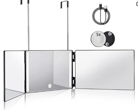 Specchio da trucco a 3 ante pieghevoli per visione a 360°. Con illuminazione a led ricaricabile.