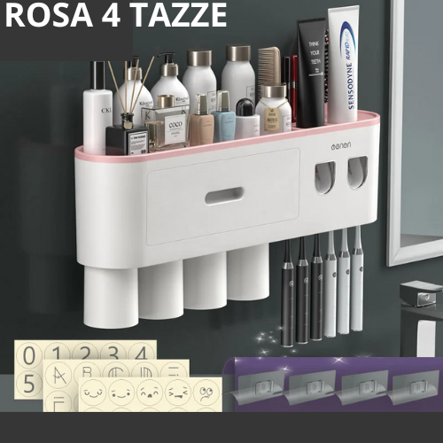 Portaspazzolino Multifunzione da Parete. Dispenser Automatico di Dentifricio – Kit Completo per Famiglia.