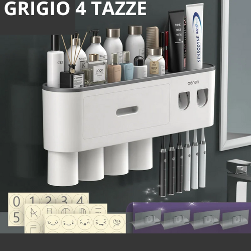 Portaspazzolino Multifunzione da Parete. Dispenser Automatico di Dentifricio – Kit Completo per Famiglia.