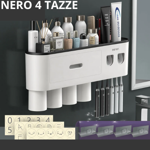 Portaspazzolino Multifunzione da Parete. Dispenser Automatico di Dentifricio – Kit Completo per Famiglia.