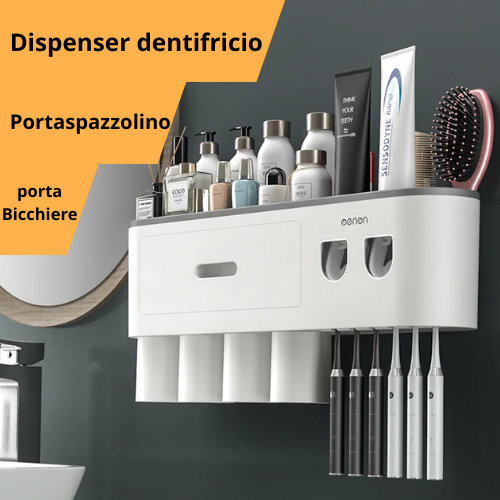 Portaspazzolino Multifunzione da Parete. Dispenser Automatico di Dentifricio – Kit Completo per Famiglia.