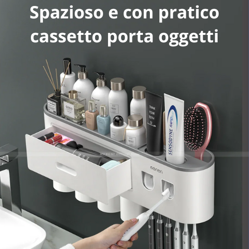 Portaspazzolino Multifunzione da Parete. Dispenser Automatico di Dentifricio – Kit Completo per Famiglia.