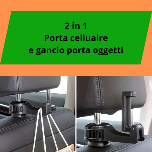 Supporto per telefono cellulare con gancio porta oggetti per passeggero posteriore. Supporto per auto gancio multifunzionale 2 in 1 per poggiatesta.