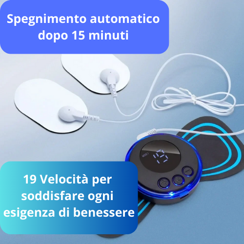 Massaggiatore portatile EMS con display LCD. Per collo, per spalle, vita e gambe. Kit con fascia, elettrodi e telecomando.
