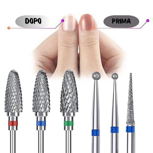 Punte per unghie nail art. Set 10 punte in ceramica e acciaio al tungsteno per trapano.