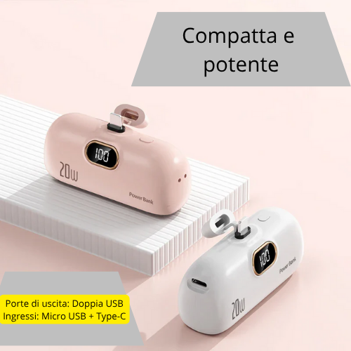 Mini Power Bank 30000mAh con LCD per telefono cellulare, cavo integrato caricatore batteria di tipo C o iPhone.