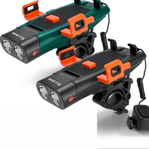 Luce anteriore per bicicletta a LED. 5 in 1, luce, clacson, supporto per telefono, power bank, ricaricabile tramite USB.