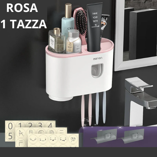 Portaspazzolino Multifunzione da Parete. Dispenser Automatico di Dentifricio – Kit Completo per Famiglia.