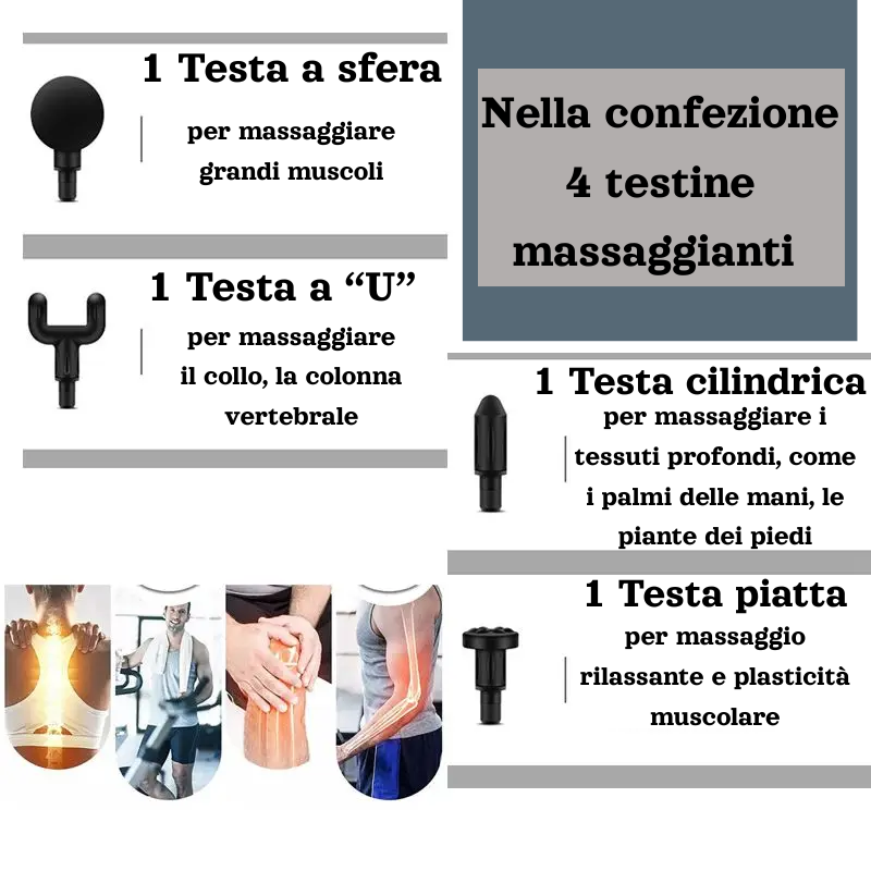 Massaggiatore a pistola con 4 testine cambiabili. Sollievo Muscolare Profondo, Sempre a Portata di Mano. Velocità regolabile a Sei Marce.