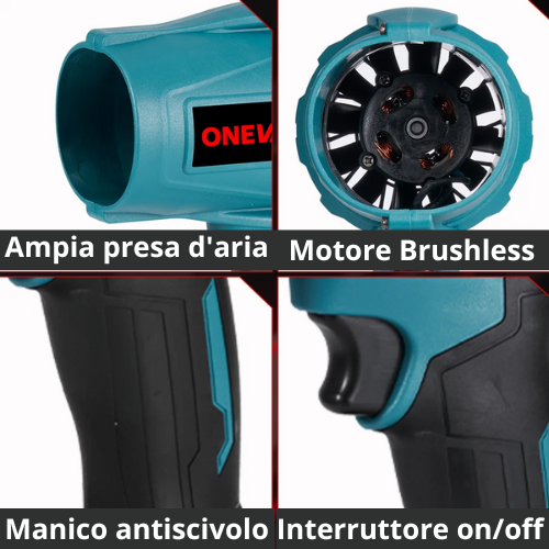Soffiatore/Ventilatore elettrico turbo a batteria da 18 V. senza spazzole Potenza 2000W 200M/S, ideale per la rimozione di polvere, foglie.
