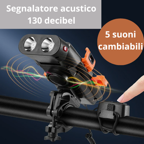 Luce anteriore per bicicletta a LED. 5 in 1, luce, clacson, supporto per telefono, power bank, ricaricabile tramite USB.