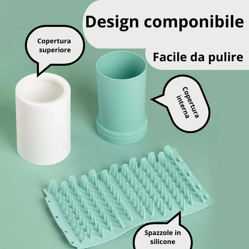 Tazza per la pulizia delle zampe dei cani. Pettini in silicone morbido, sistema a rotazione 360°, disponibile in 2 misure.