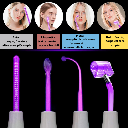 Dispositivo Alta Frequenza per Terapia Facciale 4 in 1 – Bacchetta Galvanica con 4 Elettrodi in Vetro – Anti-Rughe, Rimozione Acne, Stimolazione Capelli, Bellezza Viso.