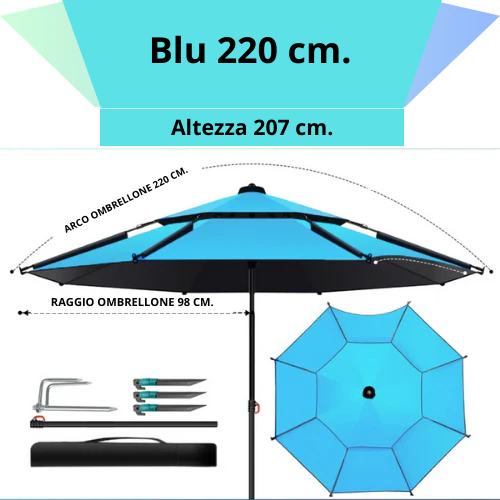 Ombrellone rotondo da 180 a 260 cm. con snodo a molla. Resistente ai raggi UV, impermeabile, regolabile a 360°.