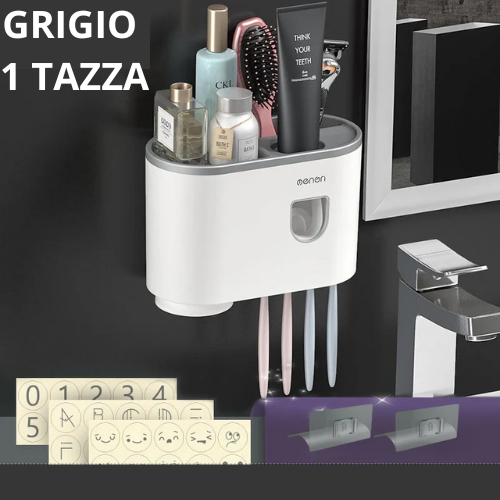 Portaspazzolino Multifunzione da Parete. Dispenser Automatico di Dentifricio – Kit Completo per Famiglia.
