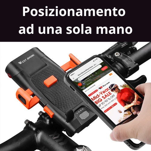 Luce anteriore per bicicletta a LED. 5 in 1, luce, clacson, supporto per telefono, power bank, ricaricabile tramite USB.