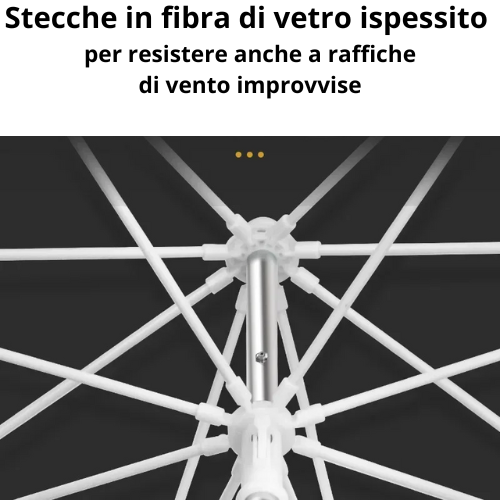 Ombrellone rotondo da 180 a 260 cm. con snodo a molla. Resistente ai raggi UV, impermeabile, regolabile a 360°.