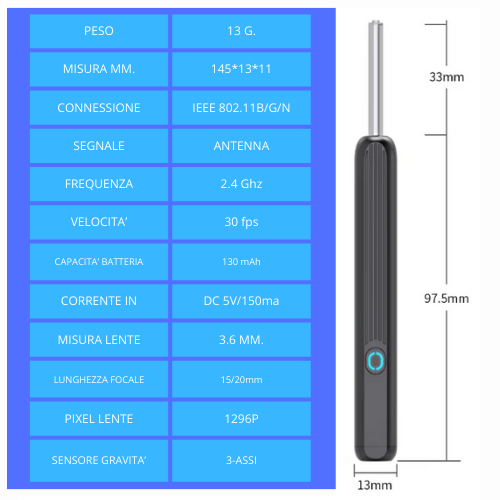 Strumento per la pulizia delle orecchie con telecamera e luce LED ad alta precisione. Wireless, con kit accessori.