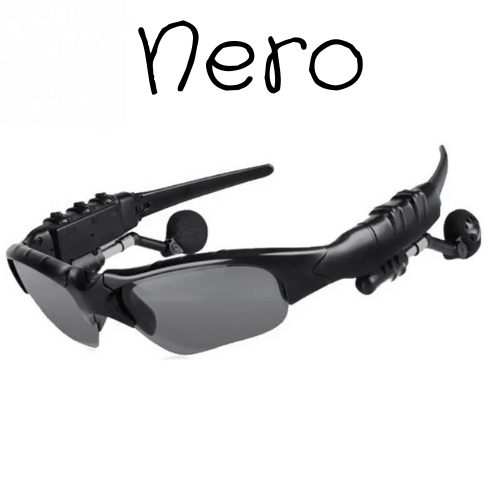 Occhiali con cuffie stereo antirumore, wireless con microfono. Da sole, per guida, ciclismo, sport.