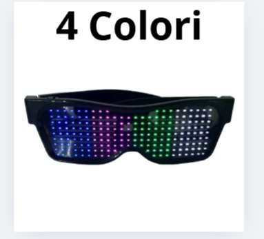 Occhiali a LED colorati Bluetooth con App dedicata. Multilingue, per scrivere e disegnare. I led cambiano col cambiare del ritmo musicale.