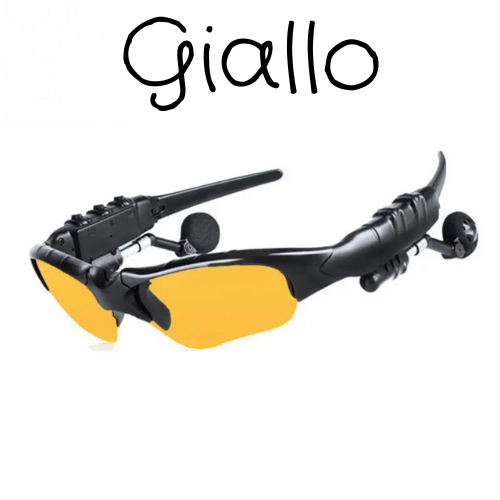 Occhiali con cuffie stereo antirumore, wireless con microfono. Da sole, per guida, ciclismo, sport.