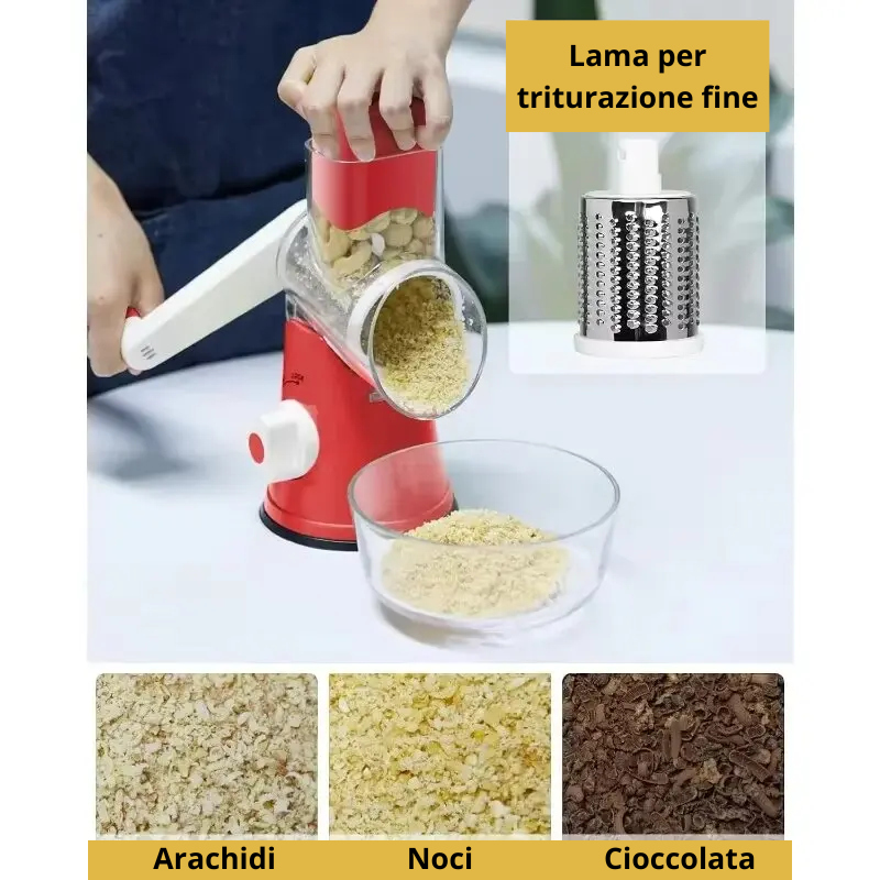 Affettaverdure Manuale Rotante in Acciaio Inox con 3 Lame Intercambiabili – Colori Blu o Rosso.