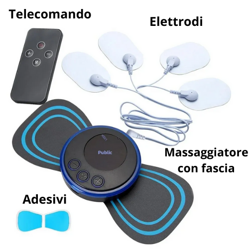 Massaggiatore portatile EMS con display LCD. Per collo, per spalle, vita e gambe. Kit con fascia, elettrodi e telecomando.