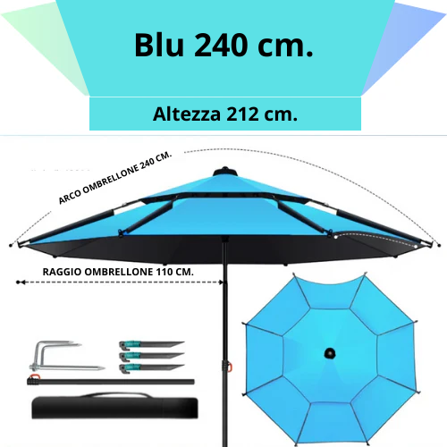 Ombrellone rotondo da 180 a 260 cm. con snodo a molla. Resistente ai raggi UV, impermeabile, regolabile a 360°.