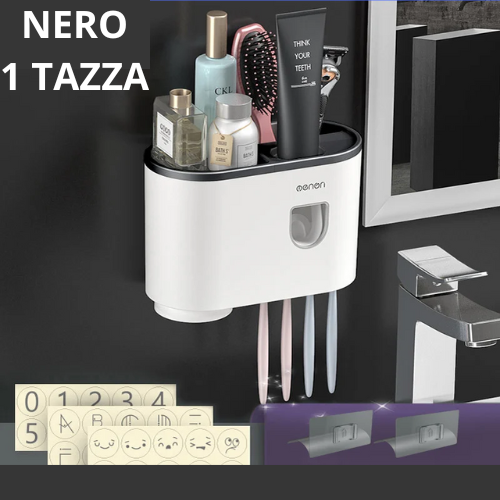 Portaspazzolino Multifunzione da Parete. Dispenser Automatico di Dentifricio – Kit Completo per Famiglia.