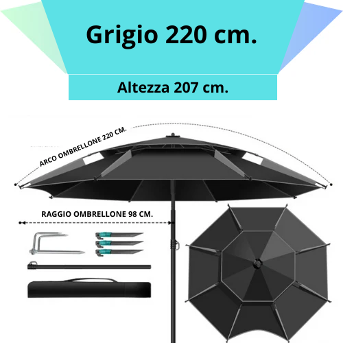 Ombrellone rotondo da 180 a 260 cm. con snodo a molla. Resistente ai raggi UV, impermeabile, regolabile a 360°.