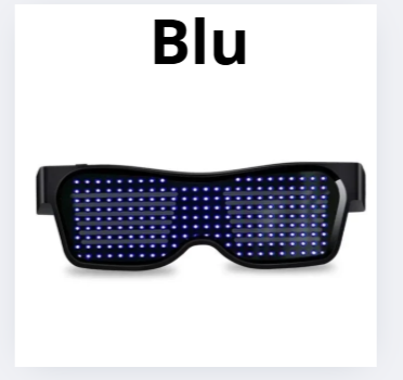 Occhiali a LED colorati Bluetooth con App dedicata. Multilingue, per scrivere e disegnare. I led cambiano col cambiare del ritmo musicale.